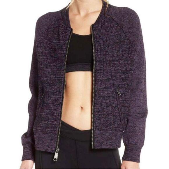 Free People Naomi Women Size Medium Purple Black Knit Bomber Jacket Sweater Zip - Picture 3 of 9